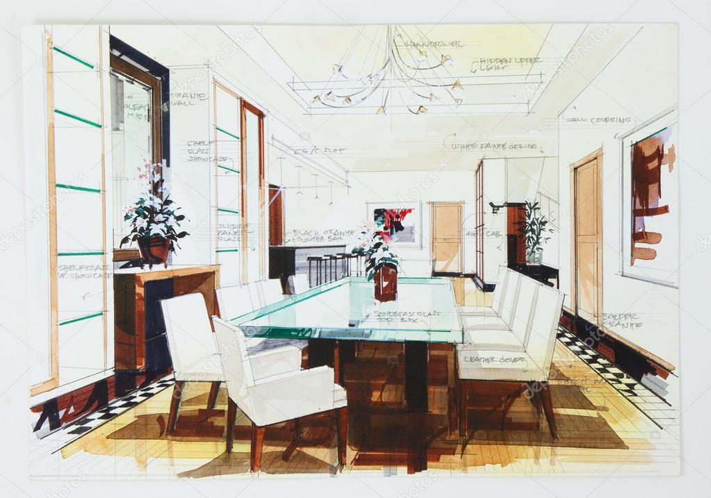 Simple Sketch Of An Interior Design Of A Dining Room Stock