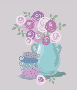 teacups ve çiçek çay arka plan