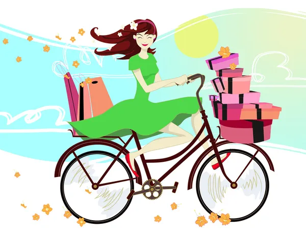 Mujer montando en bicicleta y de compras en primavera Ilustraciones De Stock Sin Royalties Gratis