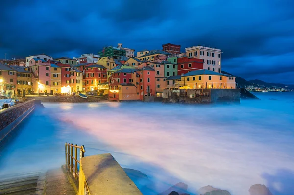 Fiskebyn Boccadasse Centrala Genua Italien Upplyst Nattetid — Stockfoto