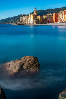 View of the maritime village of Camogli on the Italian Riviera, with its colorful houses