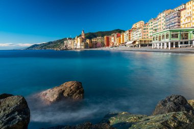 View of the maritime village of Camogli on the Italian Riviera, with its colorful houses