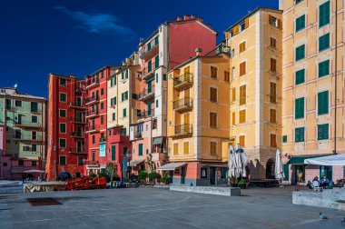 View of the maritime village of Camogli on the Italian Riviera, with its colorful houses