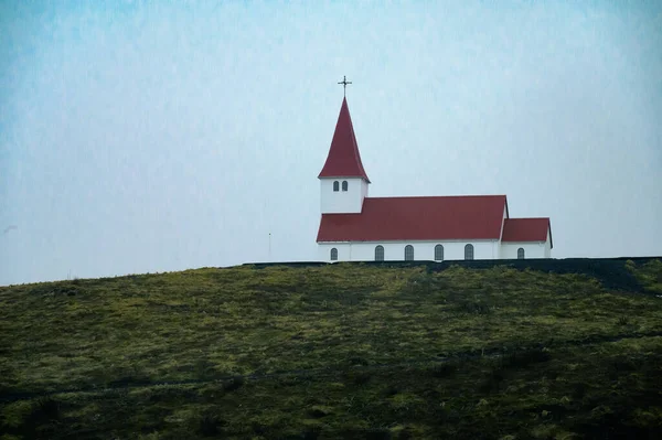 Église Village Vik Dans Sud Islande Vue Travers Brume — Photo