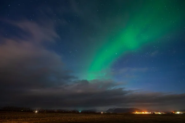 Green Northern Lights Sky Iceland Hofn — Stock Photo, Image