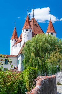 Thun 'daki beyaz kale, Thunersee' deki köy, Bern Kantonu, İsviçre