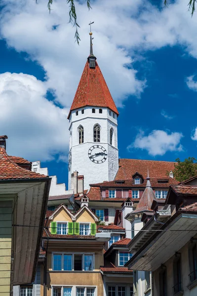 Torre Relógio Branco Thun Vila Thunersee Cantão Berna Suíça — Fotografia de Stock