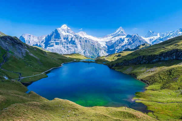 Bachalpsee Pequeno Lago Sobre Grindelwald Onde Picos Alpinos Refletem — Fotografia de Stock