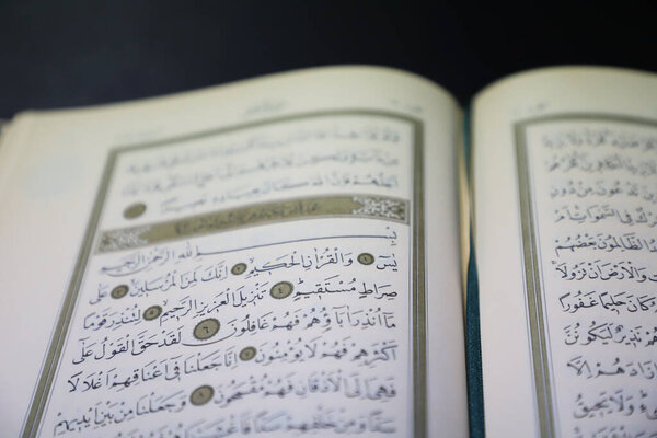 open quran pages. Surah Yasin. include arabic letters. "selective focus on letters"