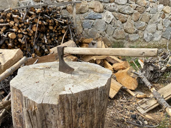 Ax and chopped wood on tree stump. top view of axe and woods. selective focus on chopper.
