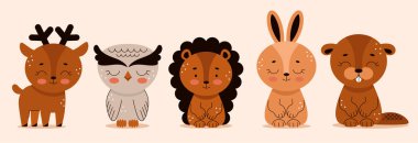 Çizgi film tarzında orman hayvanları, kirpi, ayı, tavşan, tilki, kunduz, ayı, baykuş. Orman. Çocuklar için şirin vektör illüstrasyonu.