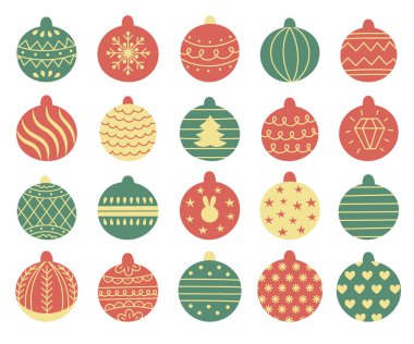 Ağaç için dekoratif Noel oyuncakları seti, desenli top. El çizimi vektör çizimi. Geleneksel tatil sembolü
