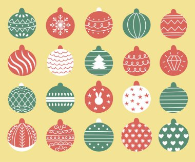 Ağaç için dekoratif Noel oyuncakları seti, desenli top. El çizimi vektör çizimi. Geleneksel tatil sembolü