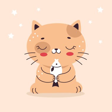 Balıklı şirin bir kedi. Çizgi filmlerdeki gibi düz çizim. Ev hayvanı, kedicik. Çocuk odası için vektör illüstrasyonu, tekstil, kart, kıyafet baskısı.