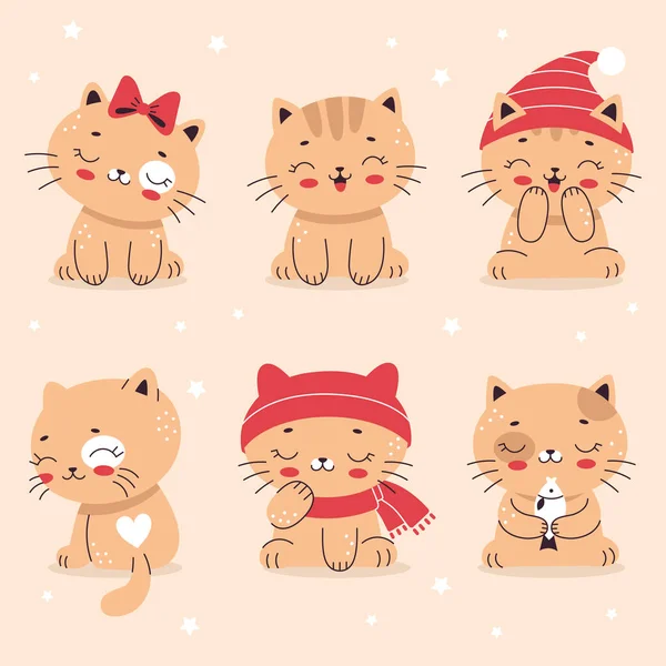Zestaw Cute little cats w kreskówkowym stylu płaskim. Domowe zwierzątko, kotku. Ilustracja wektora dla przedszkola, druk na tekstyliach, kartach, ubraniach. — Wektor stockowy