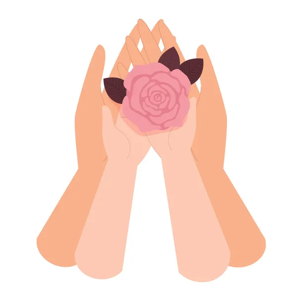 Руки мамы и дочери держат цветок в ладонях. Концепция счастливого детства, расставания, семьи, любви, заботы и поддержки. Векторная иллюстрация в плоском стиле — стоковый вектор