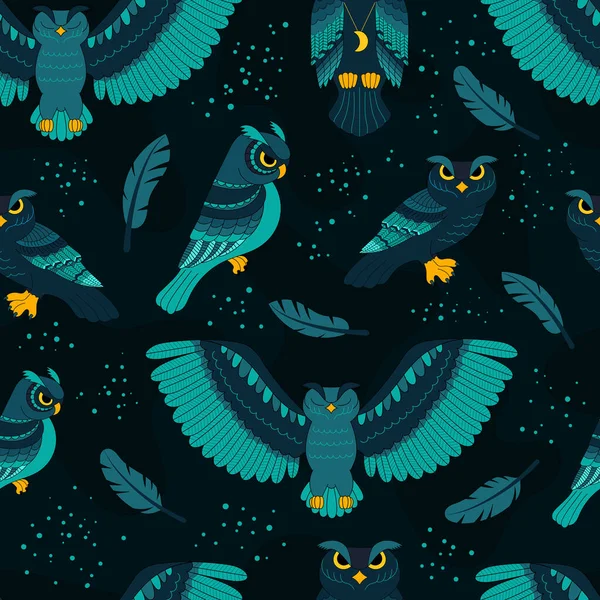 Безшовний візерунок з синіми совами, дикими птахами. Друк для текстилю та упаковки. Векторна ілюстрація мультфільму . — стоковий вектор