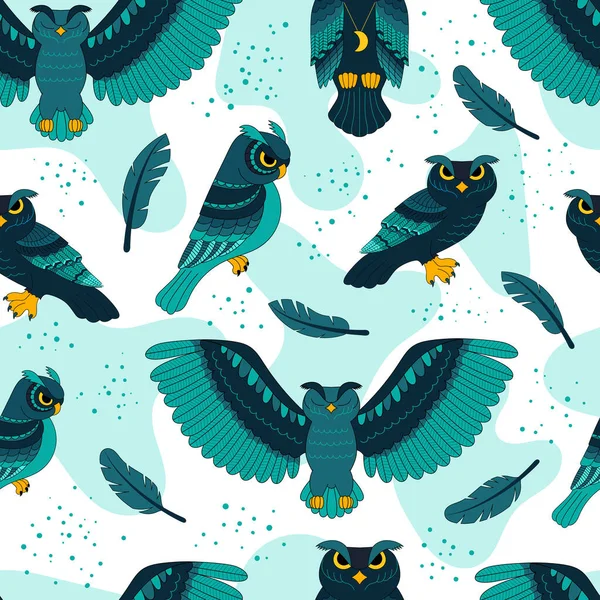 Бесшовный рисунок с голубыми совами, дикими птицами. печать для текстиля и упаковки. Векторная иллюстрация. Стоковый вектор