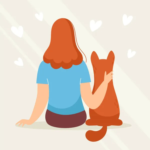 A jovem senta-se de costas com o cão, querida. Amor e amizade com os animais. Clínica veterinária. Ilustração vetorial em estilo cartoon — Vetor de Stock