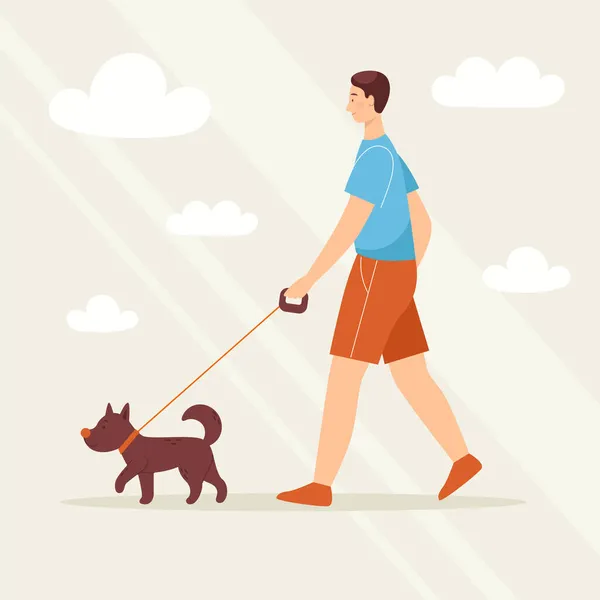 Uśmiechnięty młodzieniec z psem na spacer, kotku. Miłość i przyjaźń ze zwierzętami. Klinika weterynaryjna. Ilustracja wektora w stylu kreskówki — Wektor stockowy