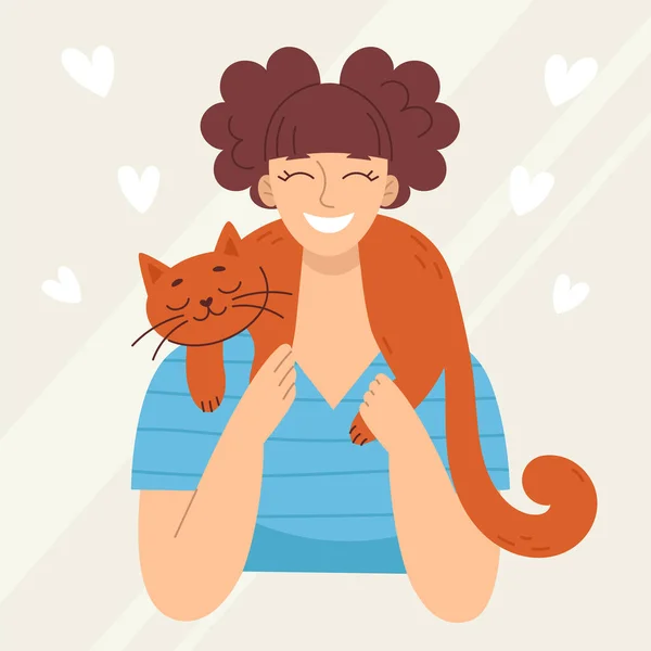Улыбающаяся молодая женщина с котом, милая. Любовь и дружба с животными. Ветеринария. Векторная иллюстрация в стиле мультфильма Лицензионные Стоковые Иллюстрации