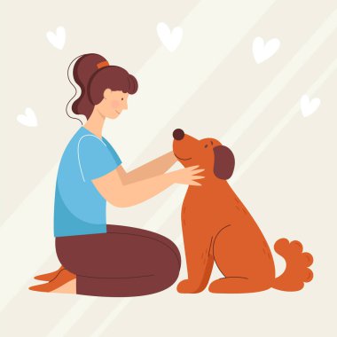 Köpeğiyle gülümseyen genç bir kadın, tatlım. Hayvanlarla sevgi ve dostluk. Veteriner kliniği. Çizgi film tarzında vektör illüstrasyonu