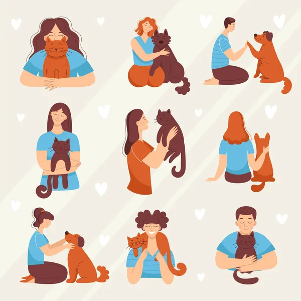 Люди с домашними животными. Набор векторных иллюстраций в стиле мультфильма. Мужчины и женщины с кошками и собаками. Любовь и дружба с животными. Клиника ветеринарии Лицензионные Стоковые Векторы
