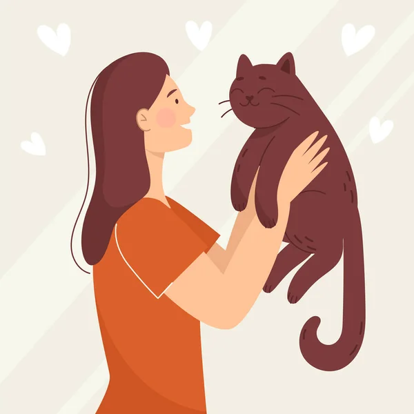 Улыбающаяся молодая женщина с котом, милая. Любовь и дружба с животными. Ветеринария. Векторная иллюстрация в стиле мультфильма Векторная Графика