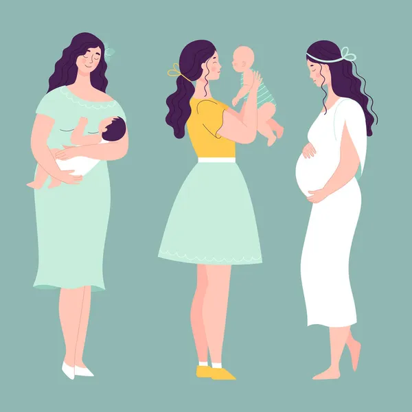 Een set van drie vrouwen met baby 's en een zwangere vrouw in volle groei. Vector illustratie met mensen — Stockvector