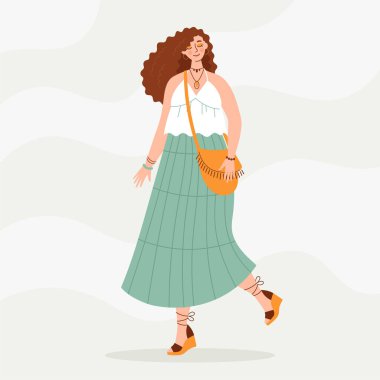 Boho kıyafetli kadın. Kıyafet tasarımı için boho kıyafetleri olan modern boho koleksiyonu. Yaz stili. Hippi tarzı. Zarif, modern tarz..