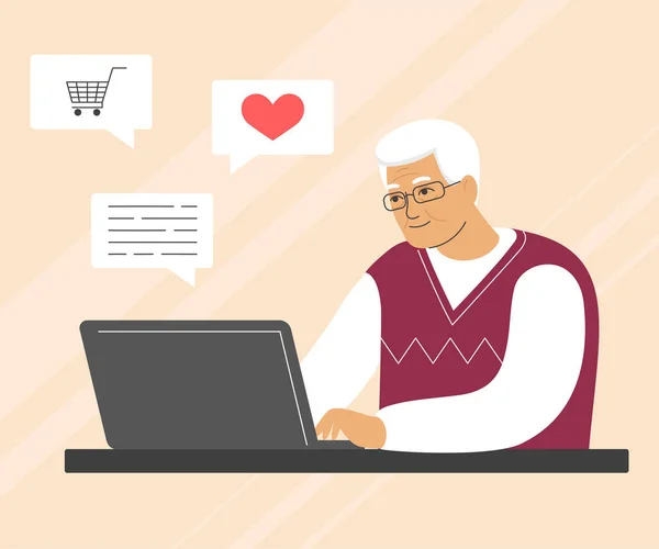 Szczęśliwy dziadek z laptopem. Seniorzy, komunikacja internetowa, zakupy. Ilustracja wektora z charakterem — Wektor stockowy