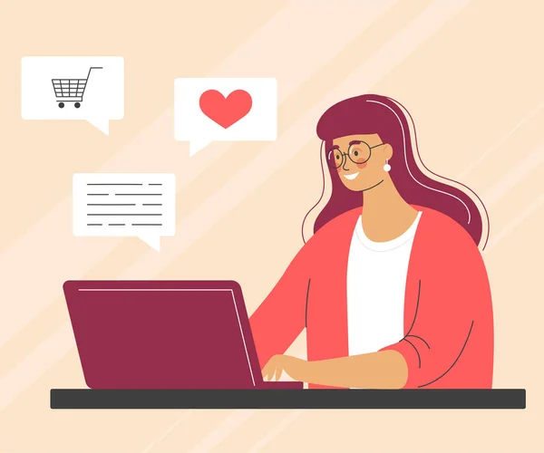 Glückliche junge Frau mit Laptop. Online-Kommunikation, Einkaufen. Vektorillustration mit Charakter — Stockvektor