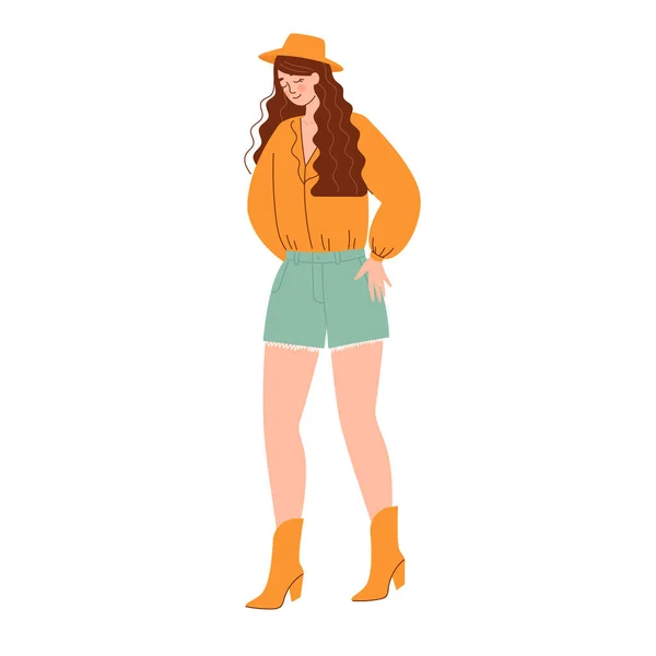 Woman in boho outfit. Modern boho collection with boho outfits for clothes design. Summer style. Hippie style. Elegant, modern style. — Stock Vector