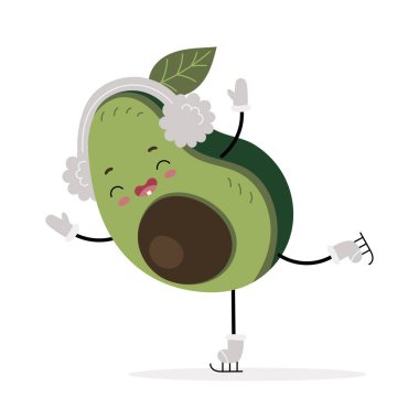 Cute smiling avocado character in fluffy winter headphones is ice skating. Printable print for clothes, posters, notebooks, postcards. Cartoon isolated illustration on white background