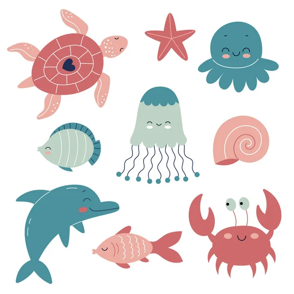 Conjunto de animales submarinos lindos. Medusas, pulpos, delfines, tortugas, peces, cangrejos. Ilustración vectorial plana en estilo de dibujos animados aislados sobre fondo blanco. — Vector de stock