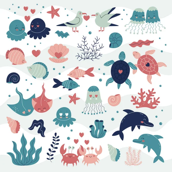 Conjunto de lindos animales de amor bajo el agua, amor, día de San Valentín. Medusas, pulpos, delfines, tortugas, raya, peces, cangrejos, algas, conchas, corales. Ilustración vectorial plana en estilo de dibujos animados — Vector de stock