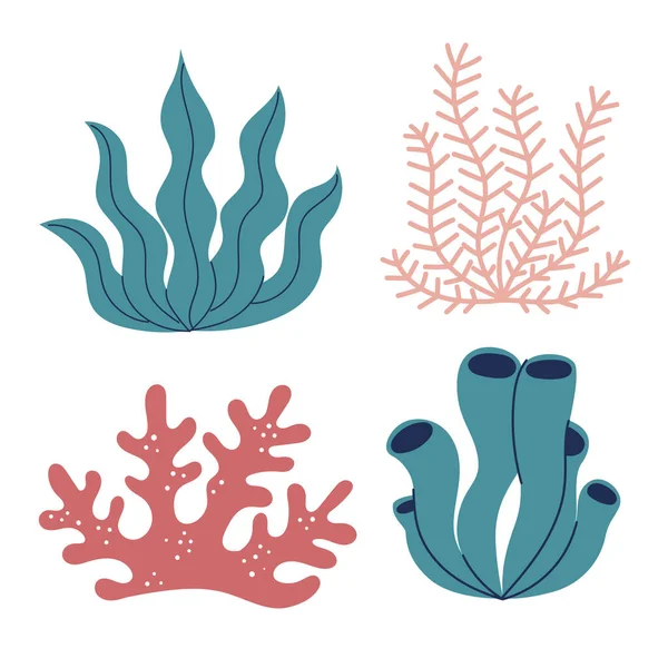 Набор подводных растений, водорослей. кораллы. Плоская векторная иллюстрация в стиле мультфильма на белом фоне. Стоковая Иллюстрация
