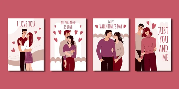 Sada pohlednic na Valentýna. Milující pár v plochém kresleném stylu. Vektorová ilustrace. Krásný muž a žena v objetí na rande — Stockový vektor