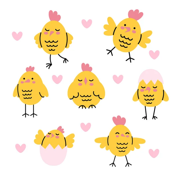 かわいい黄色の雛のセット 農場の動物だ 面白い休日の子供の文字 手描きベクトルかわいいイラスト — ストックベクタ