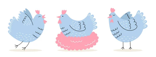 Set Cute Chickens Farm Animals Birds Easter Illustration Simple Cartoon — Stock Vector