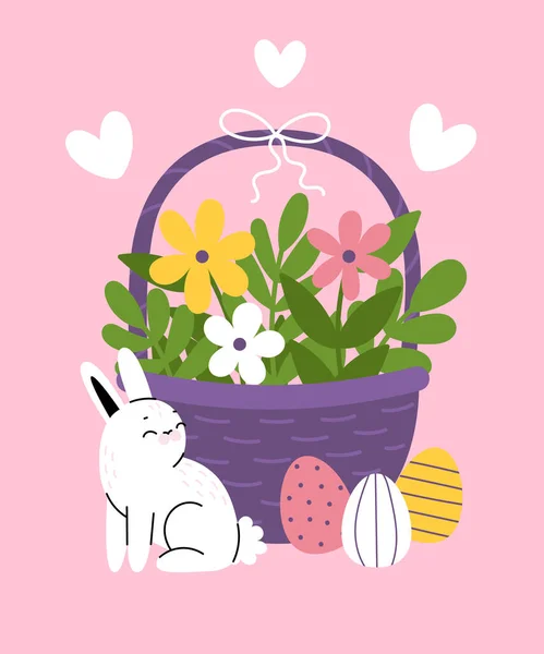 Easter Card Cute Basket Bouquet Flowers White Easter Bunny Painted — Stock Vector