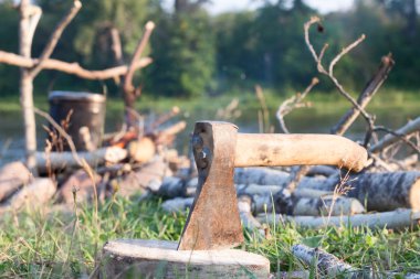 bir kütüğe saplanmış balta