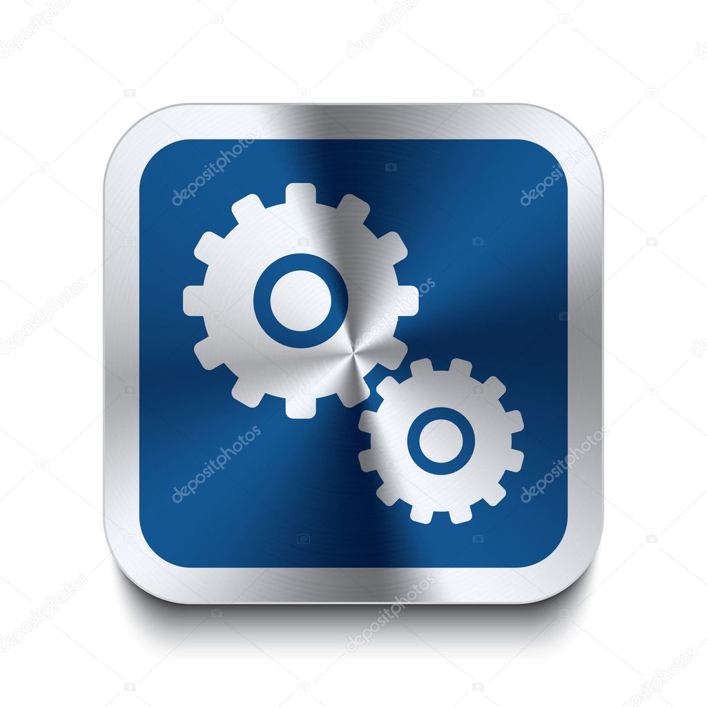 Square metal button - blue gear icon