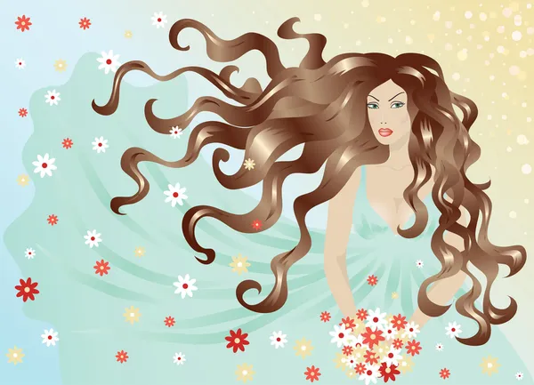 Mujer con pelo y vestido volando en el viento — Vector de stock