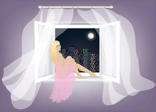 Vrouw zitten op het venster — Stockvector
