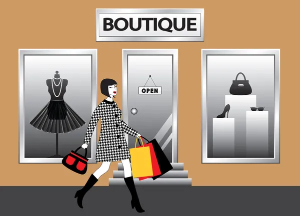 Mulheres com sacos de compras andando na frente da vitrine boutique — Vetor de Stock