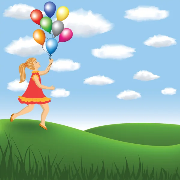 Menina com balão no prado — Vetor de Stock