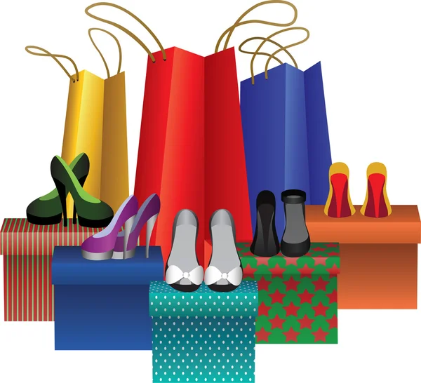 Caixas com sapatos de mulher e sacos de compras — Vetor de Stock