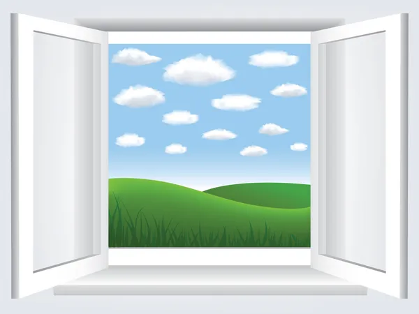 Ventana con cielo azul, nubes y hiil verde — Vector de stock