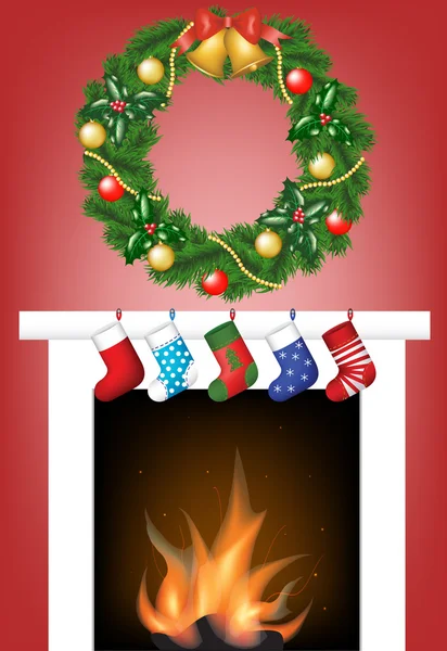 Fireplace, socks and garland — Stock Vector